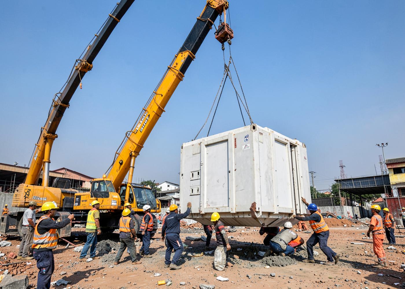 Crane lifting a prefabricated module into position during installation