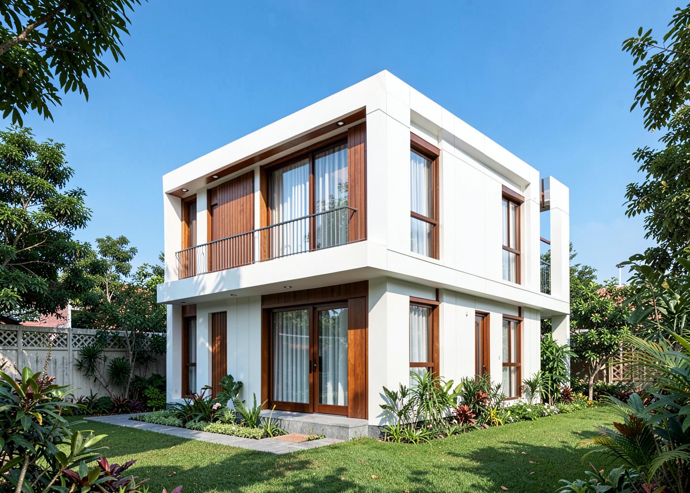 Prefabricated house with pitched roof and veranda